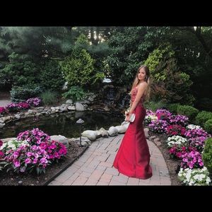 Red strapless prom dress Camille La Vie